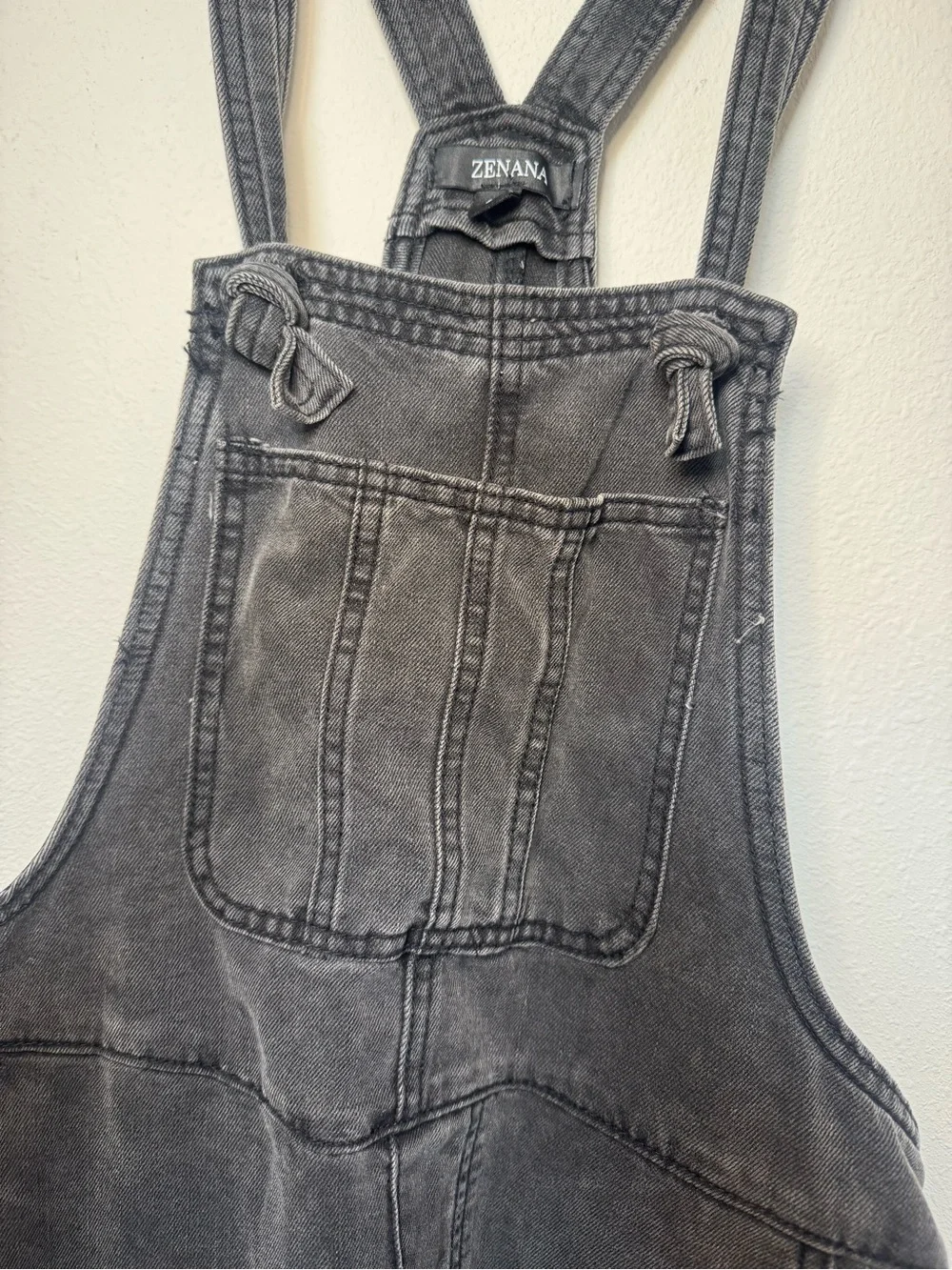 Zenana Washed Black Knot Strap Relaxed Fit Overalls NWT